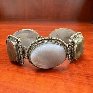 Vintage Hinged Cuff Bracelet Cabochon Stone Panel Boho Statement